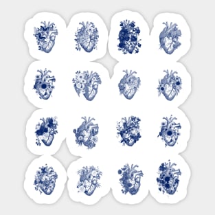 Floral human heart blue vintage art, heart flowers illustration art, anatomy illustrations Sticker